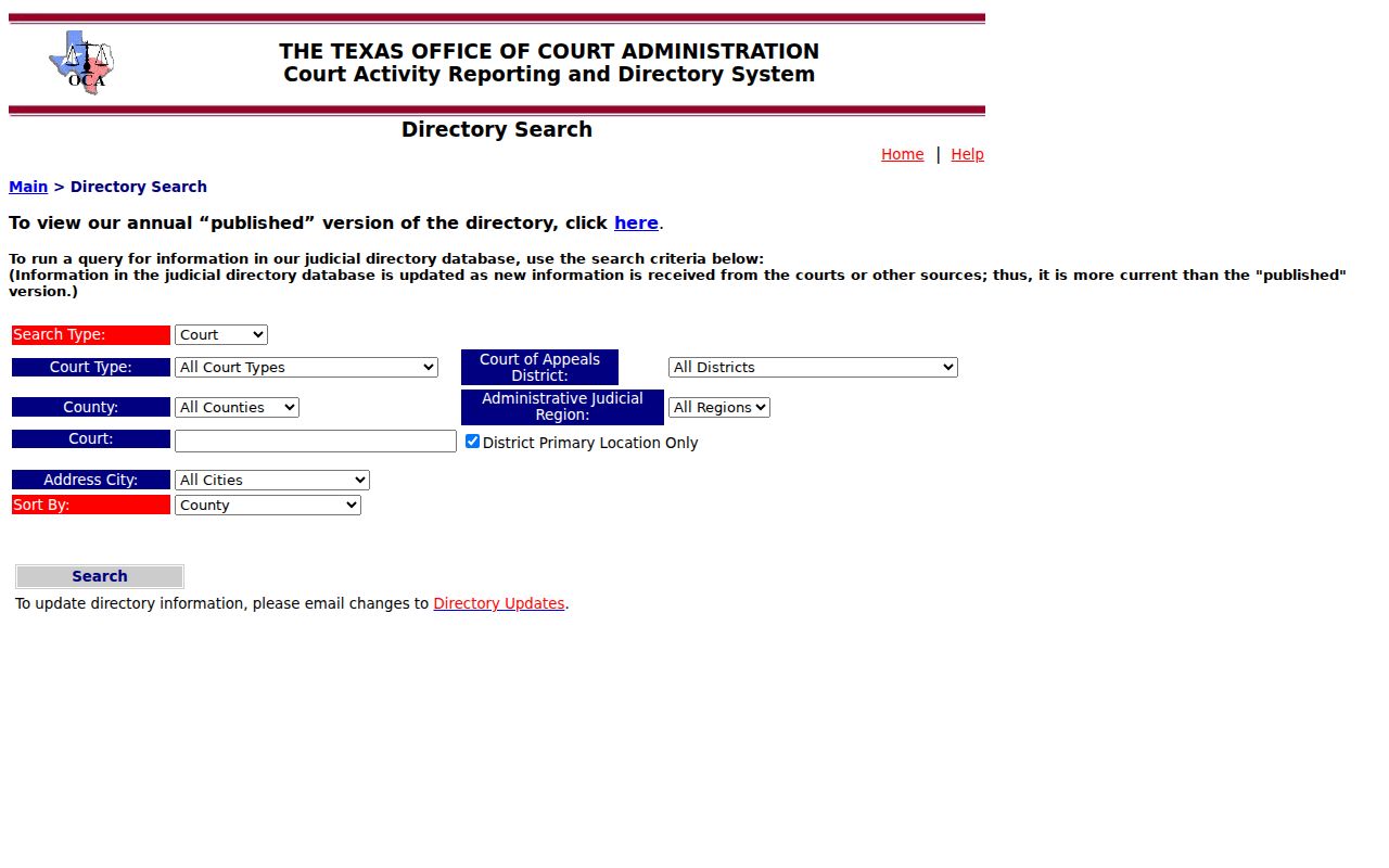 OCA directory search fields for Sherman County municipal courts