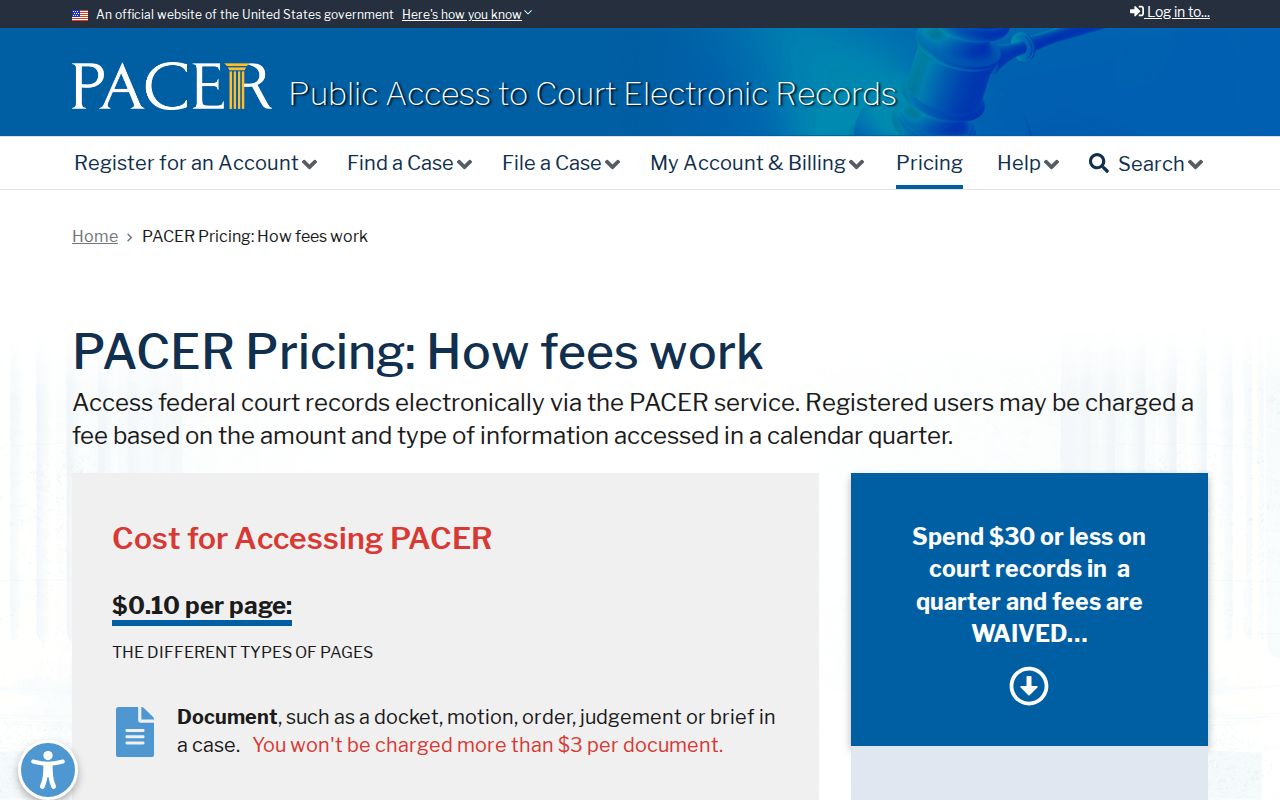 PACER federal case-record access fees, separate from local warrant records