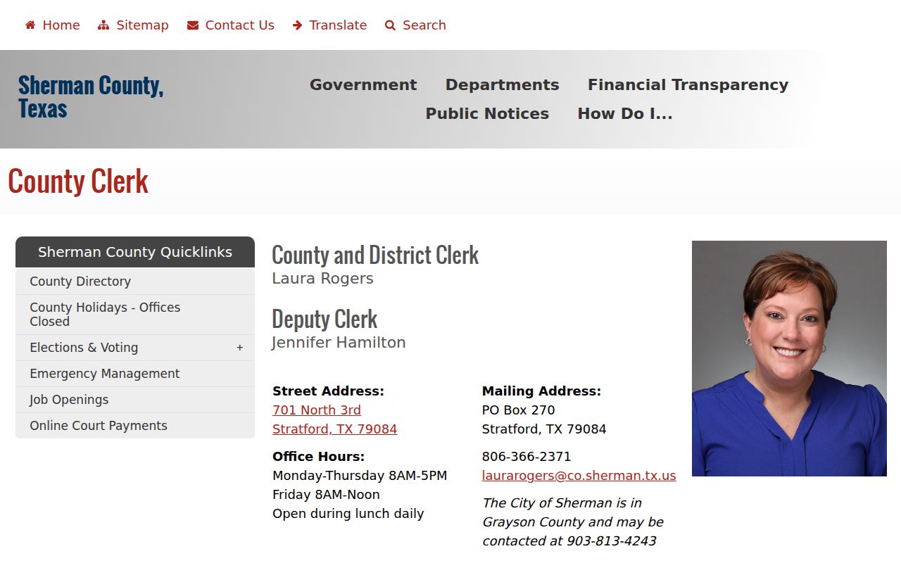 Sherman County Clerk page for locating official court and county records