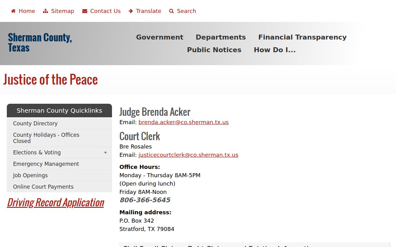 Sherman County Justice of the Peace contact and court information